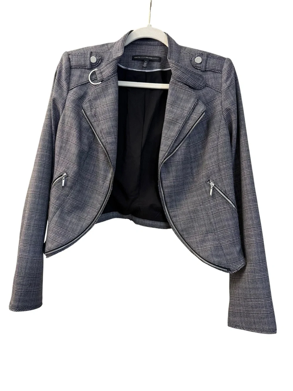 White House Black Market Gray Plaid Moto Jacket Cropped Zip Blazer Women’s Size